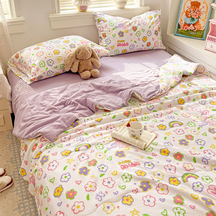 91家纺网 家纺一手货源 找家纺 花伞家居 2026新款皱皱双层纱夏被夏凉被空调被四件套 夏被-花匠兔