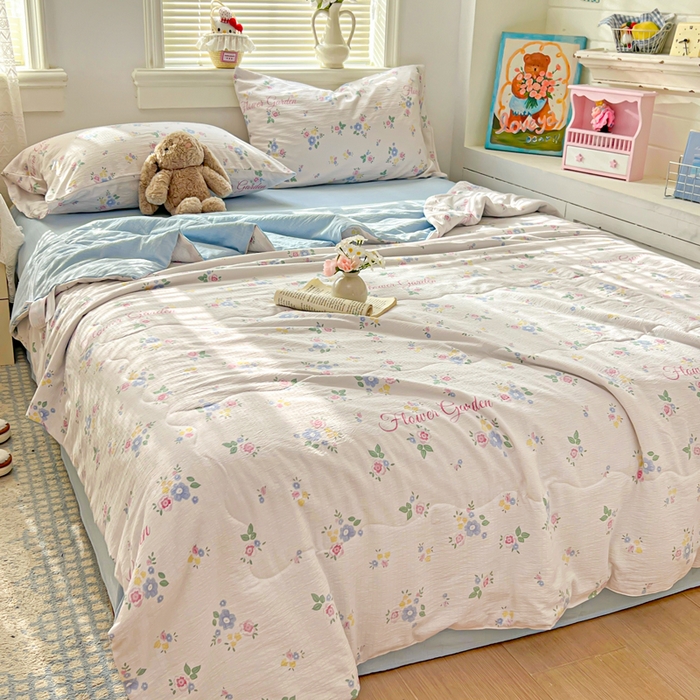 91家纺网 家纺一手货源 找家纺 花伞家居 2026新款皱皱双层纱夏被夏凉被空调被四件套 夏被-锦朵