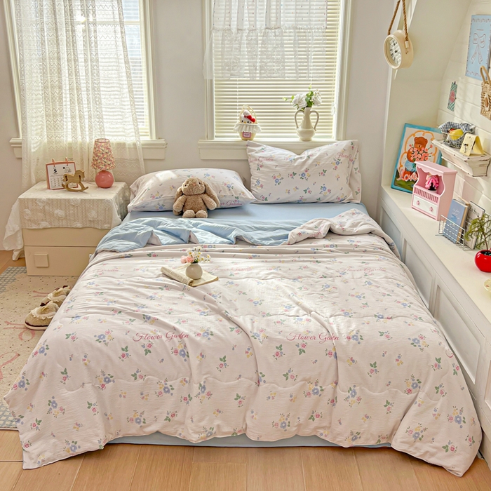 91家纺网 家纺一手货源 找家纺 花伞家居 2026新款皱皱双层纱夏被夏凉被空调被四件套 夏被-锦朵