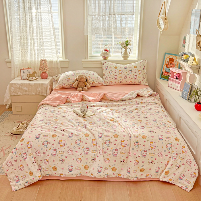 91家纺网 家纺一手货源 找家纺 花伞家居 2026新款皱皱双层纱夏被夏凉被空调被四件套 夏被-快乐小猫