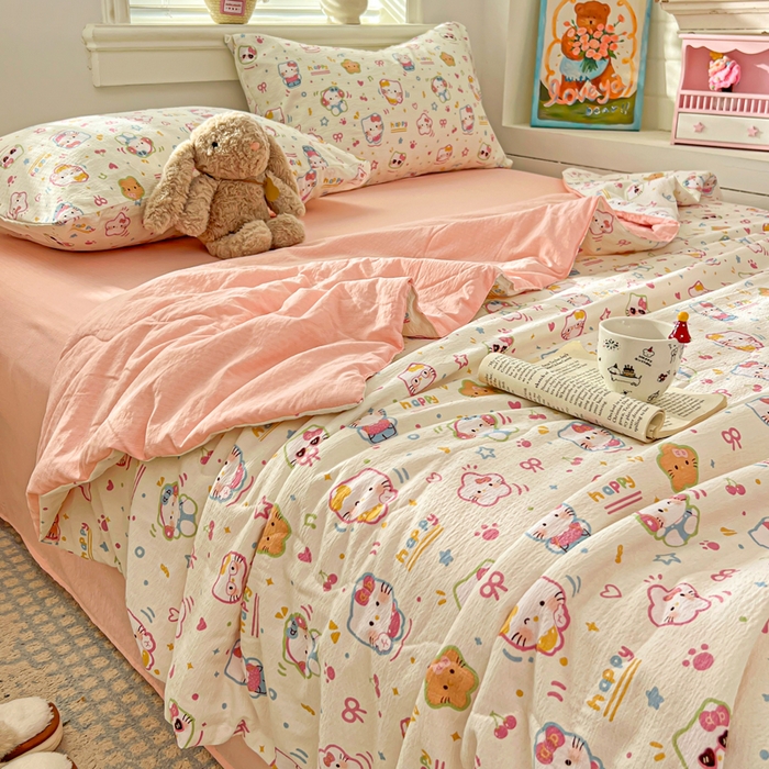 91家纺网 家纺一手货源 找家纺 花伞家居 2026新款皱皱双层纱夏被夏凉被空调被四件套 夏被-快乐小猫