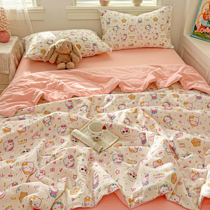 91家纺网 家纺一手货源 找家纺 花伞家居 2026新款皱皱双层纱夏被夏凉被空调被四件套 夏被-快乐小猫