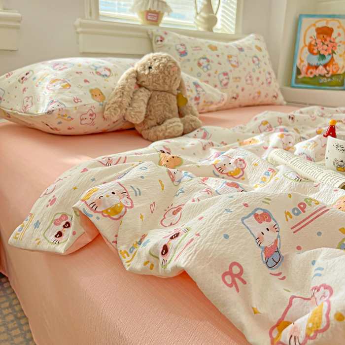 91家纺网 家纺一手货源 找家纺 花伞家居 2026新款皱皱双层纱夏被夏凉被空调被四件套 夏被-快乐小猫