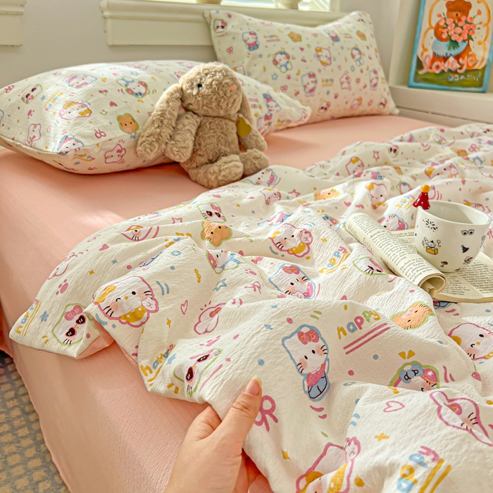 91家纺网 家纺一手货源 找家纺 花伞家居 2026新款皱皱双层纱夏被夏凉被空调被四件套 夏被-快乐小猫