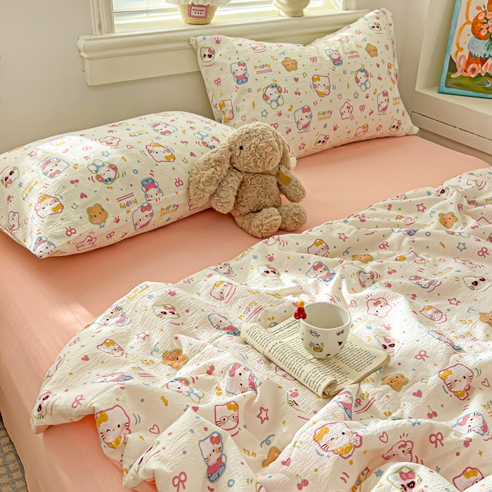 91家纺网 家纺一手货源 找家纺 花伞家居 2026新款皱皱双层纱夏被夏凉被空调被四件套 夏被-快乐小猫