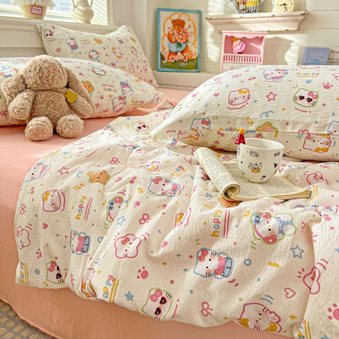 91家纺网 家纺一手货源 找家纺 花伞家居 2026新款皱皱双层纱夏被夏凉被空调被四件套 夏被-快乐小猫