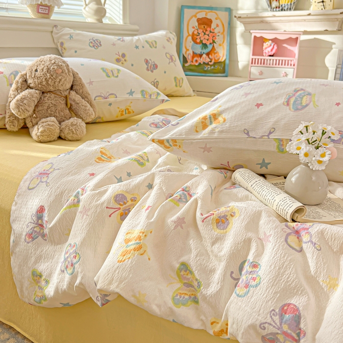 91家纺网 家纺一手货源 找家纺 花伞家居 2026新款皱皱双层纱夏被夏凉被空调被四件套 夏被-童年蝴蝶