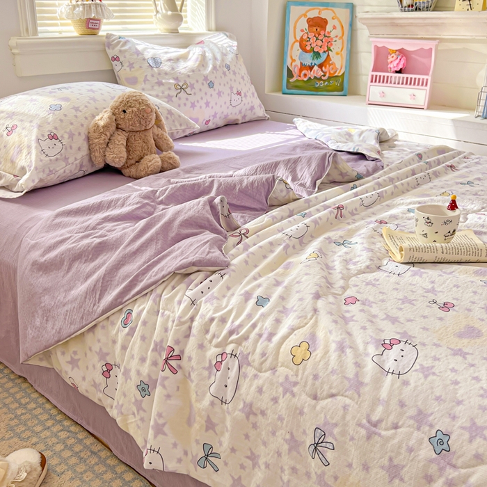 91家纺网 家纺一手货源 找家纺 花伞家居 2026新款皱皱双层纱夏被夏凉被空调被四件套 夏被-星星猫