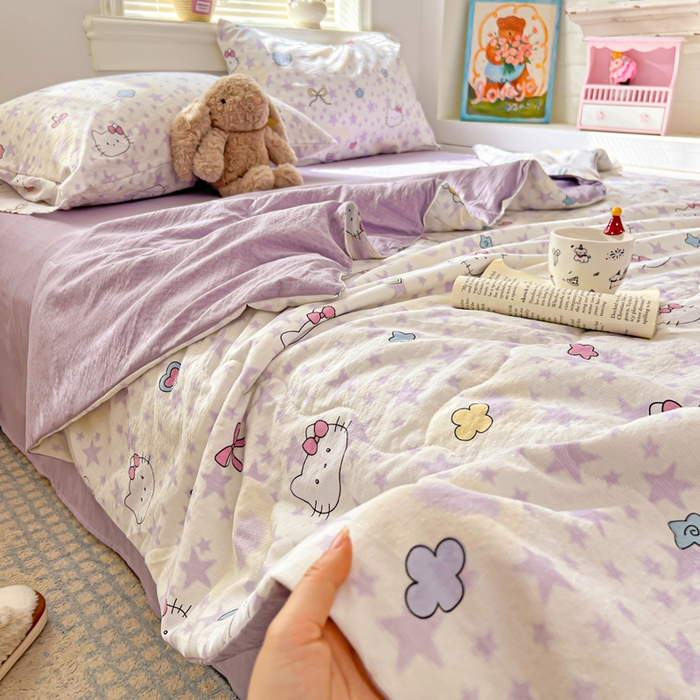 91家纺网 家纺一手货源 找家纺 花伞家居 2026新款皱皱双层纱夏被夏凉被空调被四件套 夏被-星星猫