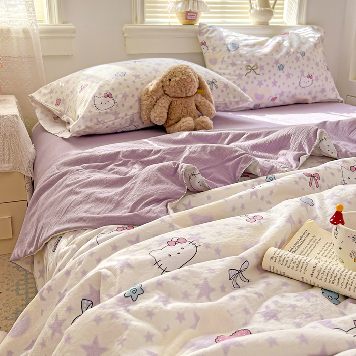 91家纺网 家纺一手货源 找家纺 花伞家居 2026新款皱皱双层纱夏被夏凉被空调被四件套 夏被-星星猫