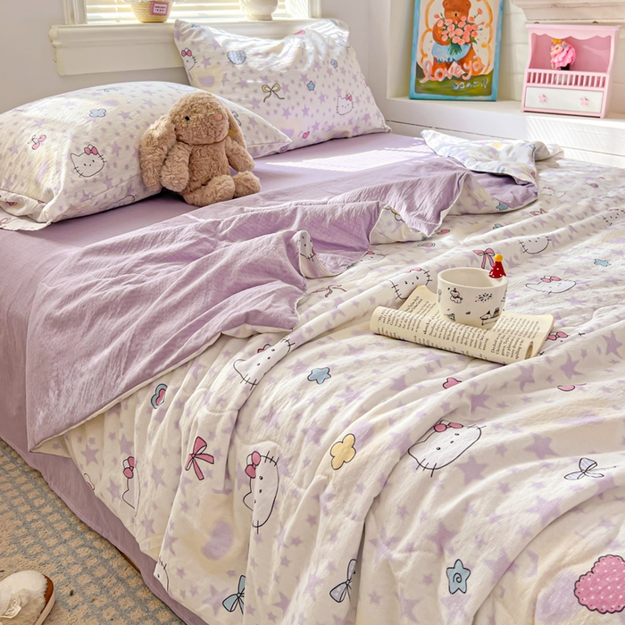 91家纺网 家纺一手货源 找家纺 花伞家居 2026新款皱皱双层纱夏被夏凉被空调被四件套 夏被-星星猫