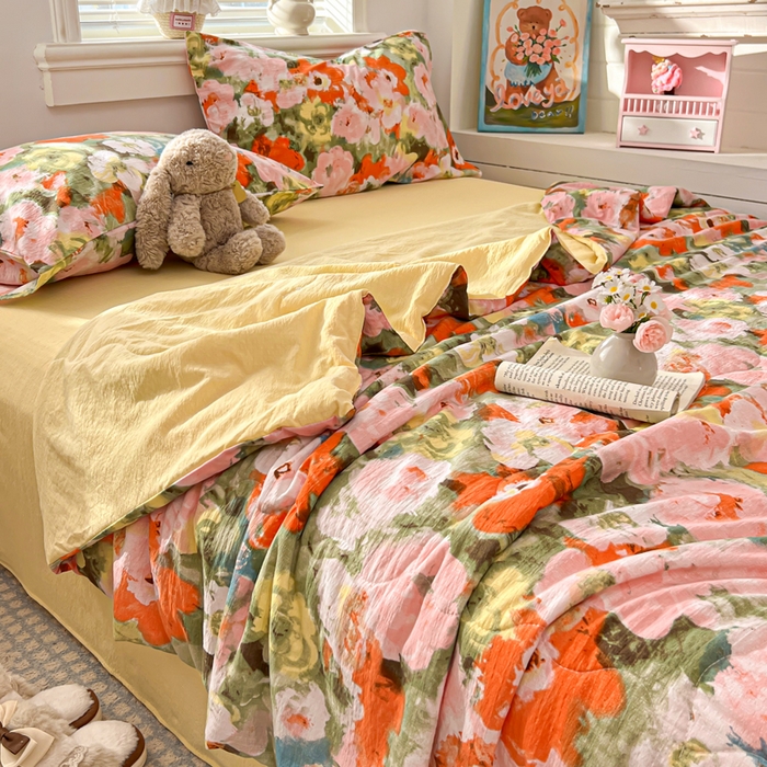 91家纺网 家纺一手货源 找家纺 花伞家居 2026新款皱皱双层纱夏被夏凉被空调被四件套 夏被-绚烂花朵