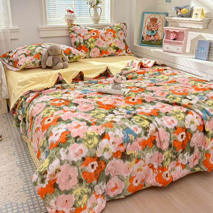 91家纺网 家纺一手货源 找家纺 花伞家居 2026新款皱皱双层纱夏被夏凉被空调被四件套 夏被-绚烂花朵