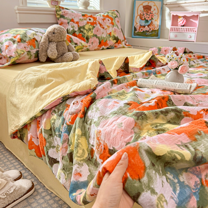 91家纺网 家纺一手货源 找家纺 花伞家居 2026新款皱皱双层纱夏被夏凉被空调被四件套 夏被-绚烂花朵