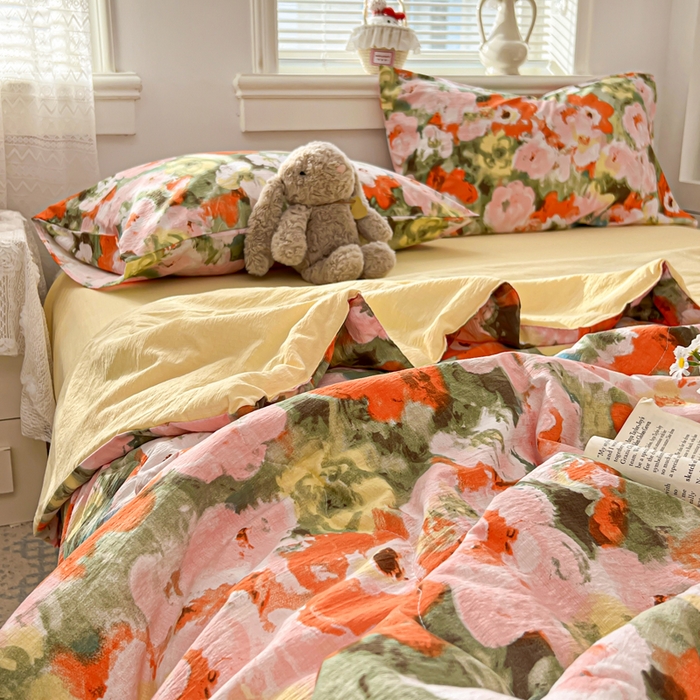 91家纺网 家纺一手货源 找家纺 花伞家居 2026新款皱皱双层纱夏被夏凉被空调被四件套 夏被-绚烂花朵