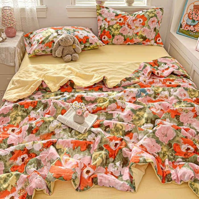 91家纺网 家纺一手货源 找家纺 花伞家居 2026新款皱皱双层纱夏被夏凉被空调被四件套 夏被-绚烂花朵