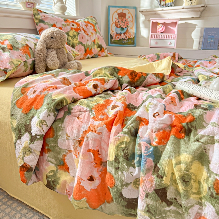 91家纺网 家纺一手货源 找家纺 花伞家居 2026新款皱皱双层纱夏被夏凉被空调被四件套 夏被-绚烂花朵