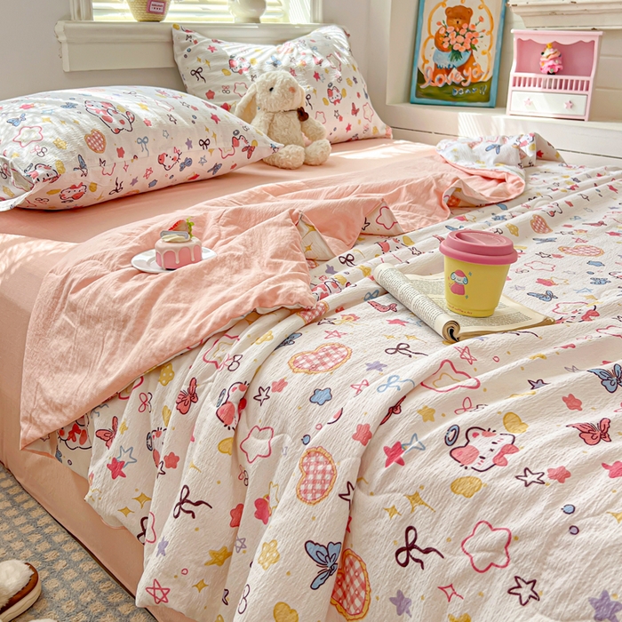 91家纺网 家纺一手货源 找家纺 花伞家居 2026新款皱皱双层纱夏被夏凉被空调被四件套 夏被-追蝴蝶