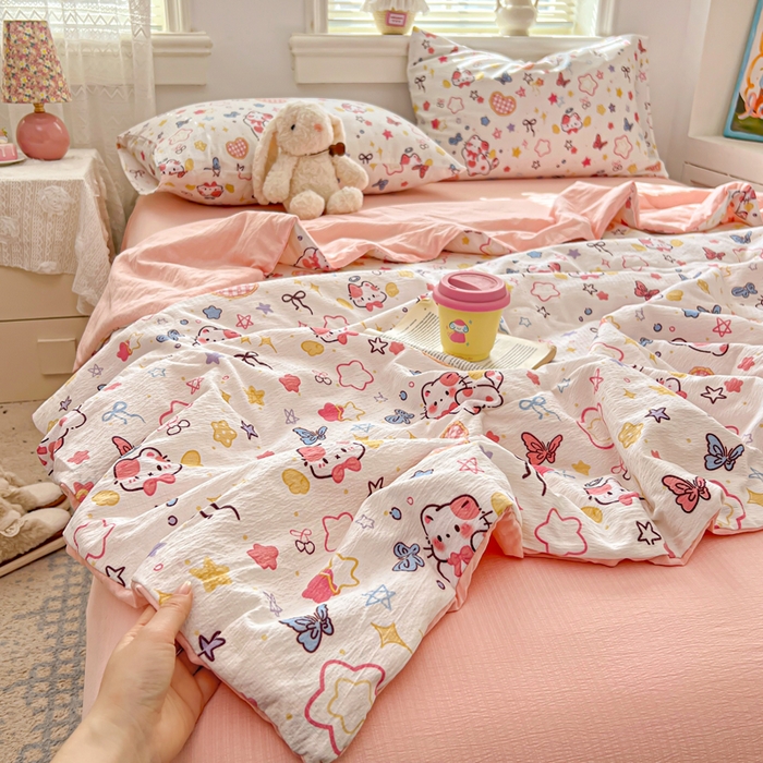 91家纺网 家纺一手货源 找家纺 花伞家居 2026新款皱皱双层纱夏被夏凉被空调被四件套 夏被-追蝴蝶