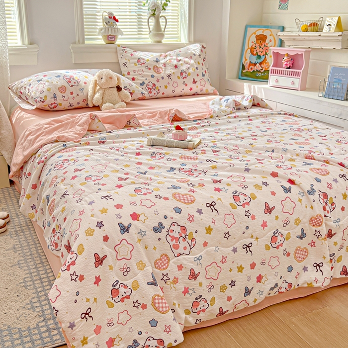 91家纺网 家纺一手货源 找家纺 花伞家居 2026新款皱皱双层纱夏被夏凉被空调被四件套 夏被-追蝴蝶