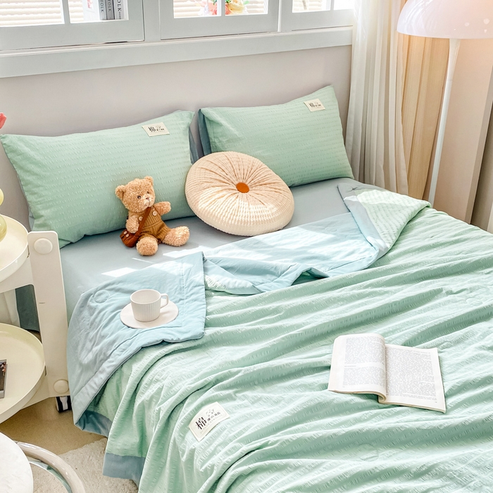 91家纺网 家纺一手货源 找家纺 鸣升家纺 2026新款A类全棉提花皱皱纱夏被100%棉花被空调被 浅水蓝