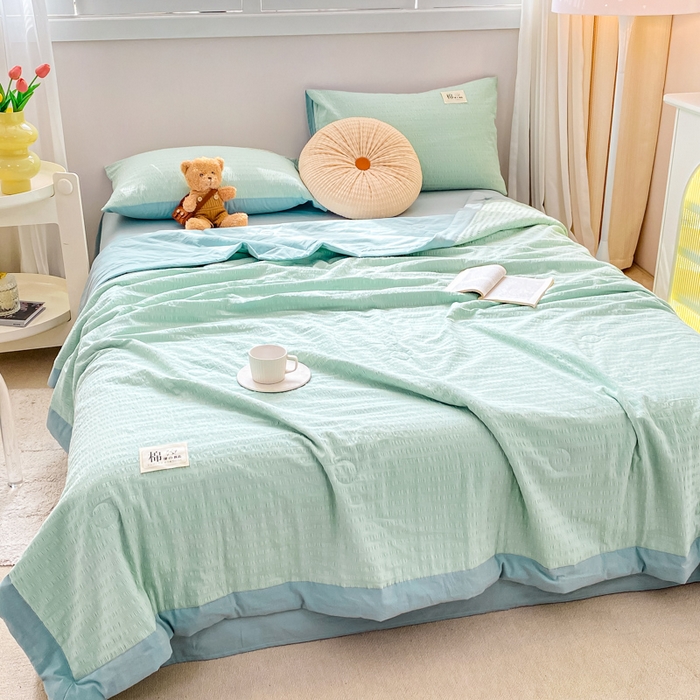 91家纺网 家纺一手货源 找家纺 鸣升家纺 2026新款A类全棉提花皱皱纱夏被100%棉花被空调被 浅水蓝