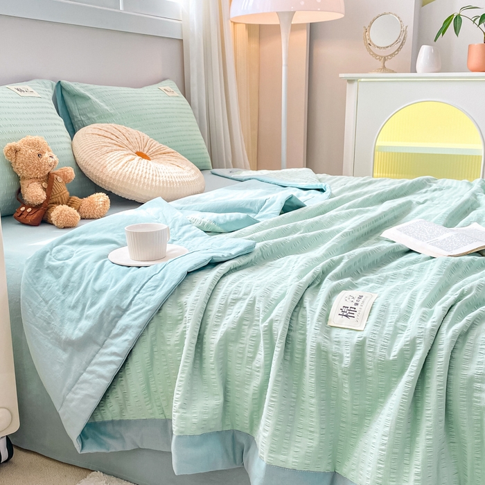 91家纺网 家纺一手货源 找家纺 鸣升家纺 2026新款A类全棉提花皱皱纱夏被100%棉花被空调被 浅水蓝