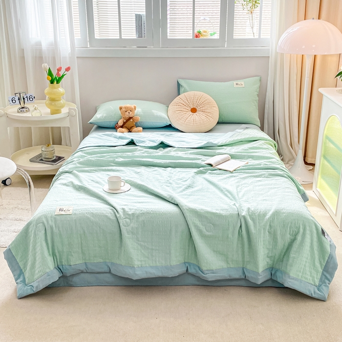 91家纺网 家纺一手货源 找家纺 鸣升家纺 2026新款A类全棉提花皱皱纱夏被100%棉花被空调被 浅水蓝