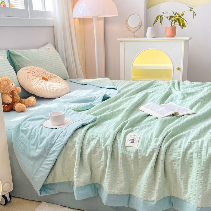 91家纺网 家纺一手货源 找家纺 鸣升家纺 2026新款A类全棉提花皱皱纱夏被100%棉花被空调被 浅水蓝