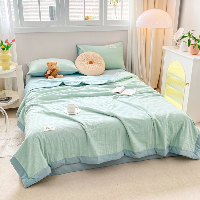 91家纺网 家纺一手货源 找家纺 鸣升家纺 2026新款A类全棉提花皱皱纱夏被100%棉花被空调被 浅水蓝