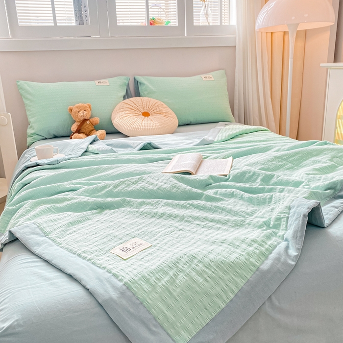 91家纺网 家纺一手货源 找家纺 鸣升家纺 2026新款A类全棉提花皱皱纱夏被100%棉花被空调被 浅水蓝