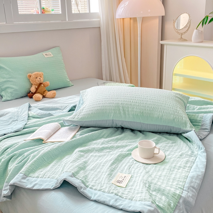 91家纺网 家纺一手货源 找家纺 鸣升家纺 2026新款A类全棉提花皱皱纱夏被100%棉花被空调被 浅水蓝