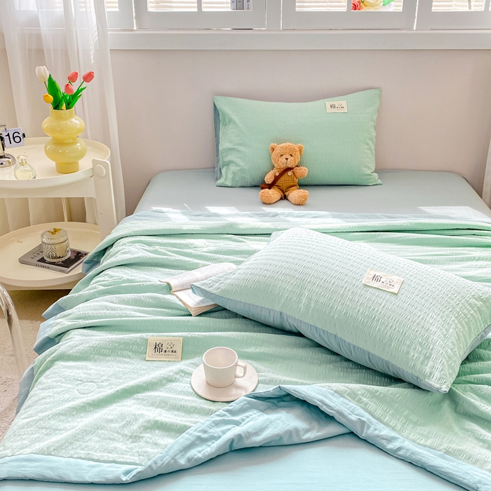 91家纺网 家纺一手货源 找家纺 鸣升家纺 2026新款A类全棉提花皱皱纱夏被100%棉花被空调被 浅水蓝