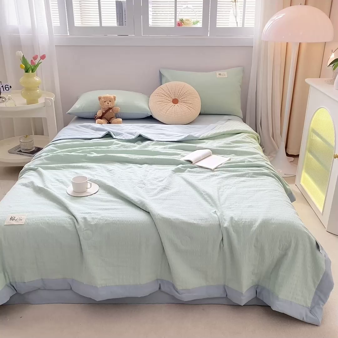 91家纺网 家纺一手货源 找家纺 鸣升家纺 2026新款A类全棉提花皱皱纱夏被100%棉花被空调被 浅水蓝