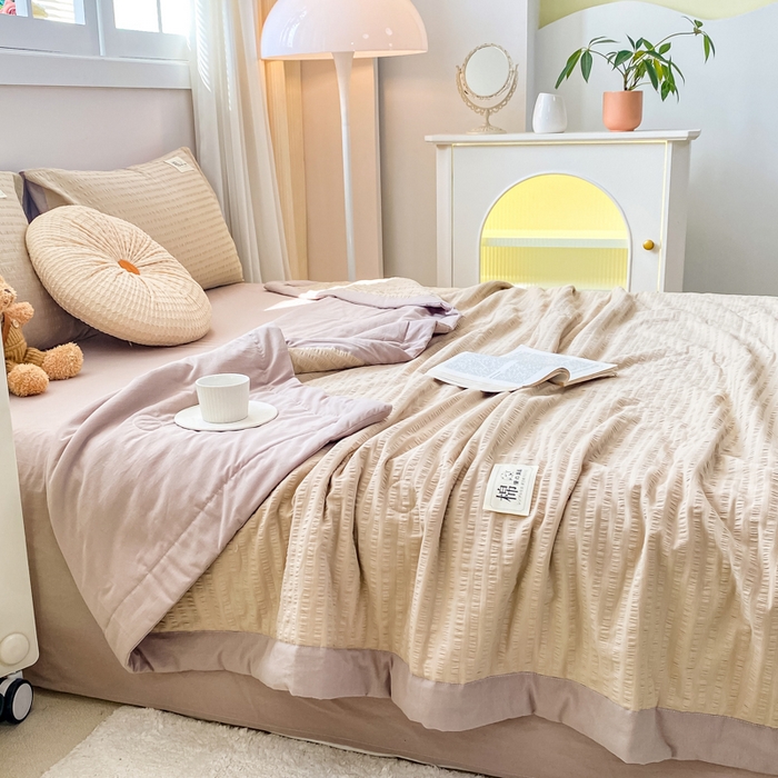 91家纺网 家纺一手货源 找家纺 鸣升家纺 2026新款A类全棉提花皱皱纱夏被100%棉花被空调被 香槟色