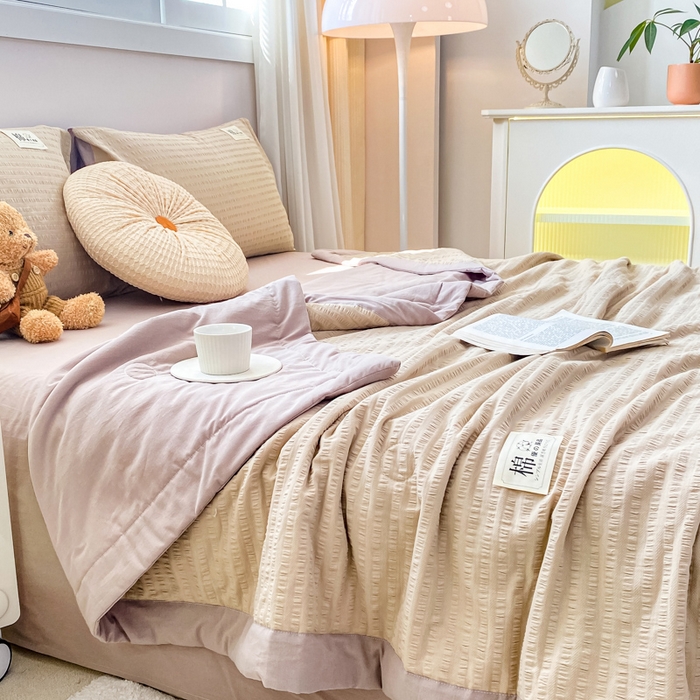 91家纺网 家纺一手货源 找家纺 鸣升家纺 2026新款A类全棉提花皱皱纱夏被100%棉花被空调被 香槟色