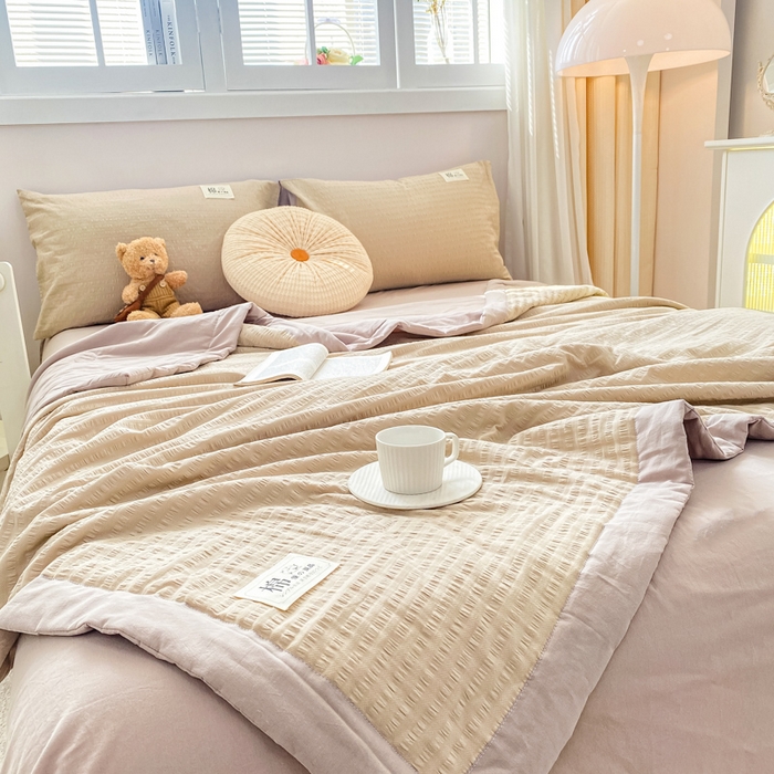 91家纺网 家纺一手货源 找家纺 鸣升家纺 2026新款A类全棉提花皱皱纱夏被100%棉花被空调被 香槟色