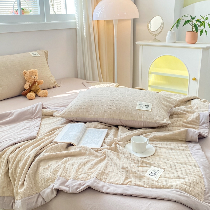 91家纺网 家纺一手货源 找家纺 鸣升家纺 2026新款A类全棉提花皱皱纱夏被100%棉花被空调被 香槟色