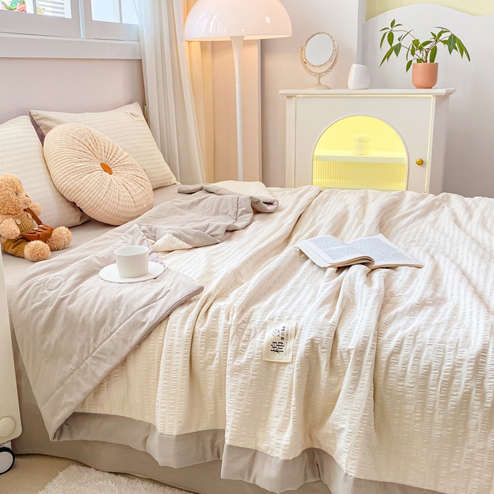 91家纺网 家纺一手货源 找家纺 鸣升家纺 2026新款A类全棉提花皱皱纱夏被100%棉花被空调被 珍珠白