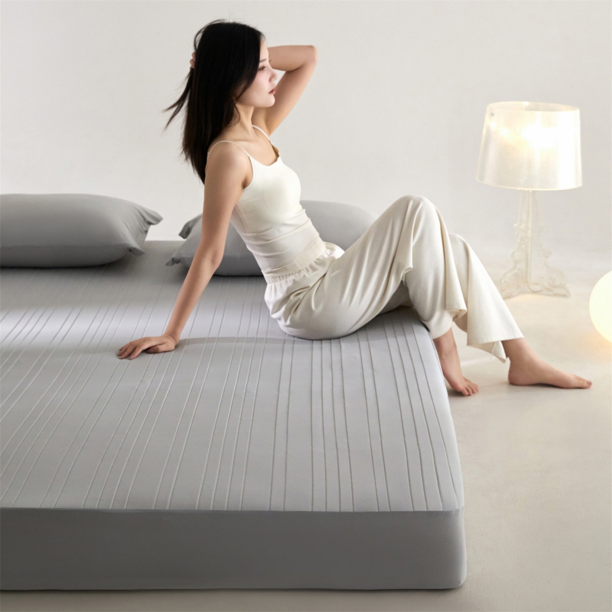 91家纺网 家纺一手货源 找家纺 头等舱 2026新款锦氨A类深睡无胶透气自然凉感床笠软凉席 软凉席-浅灰