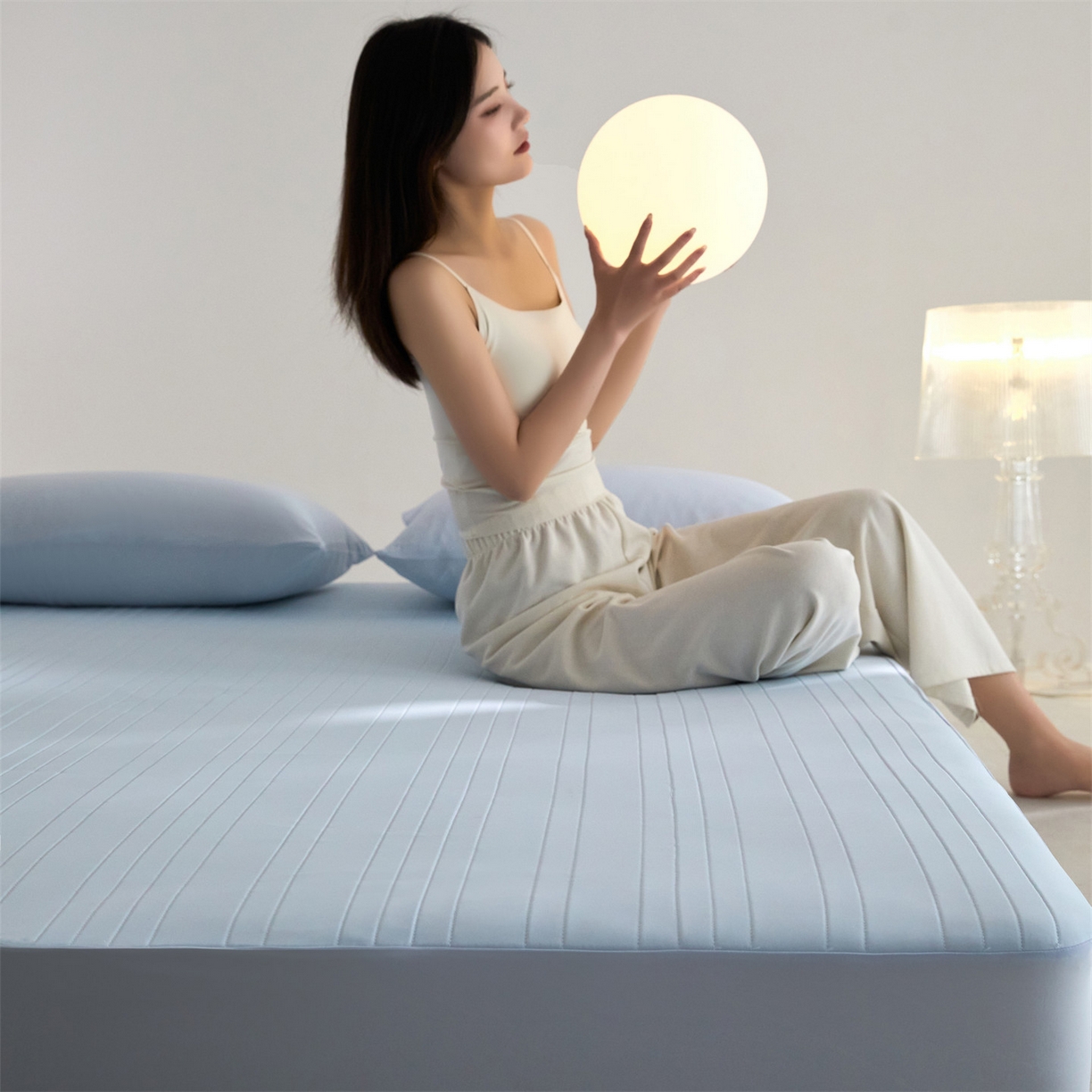 91家纺网 家纺一手货源 找家纺 头等舱 2026新款锦氨A类深睡无胶透气自然凉感床笠软凉席 软凉席-浅灰蓝