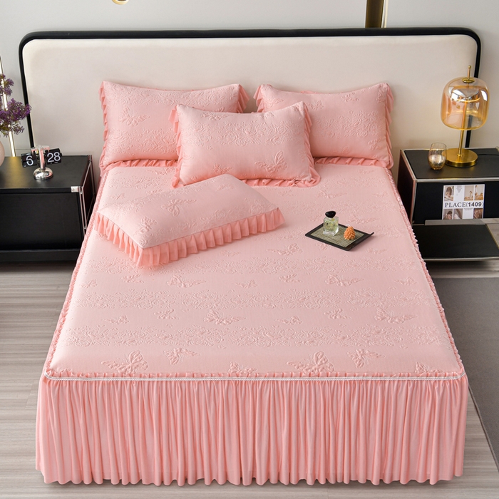 星窝家纺 2026新款冰豆豆床裙款凉席 粉蝶寻香