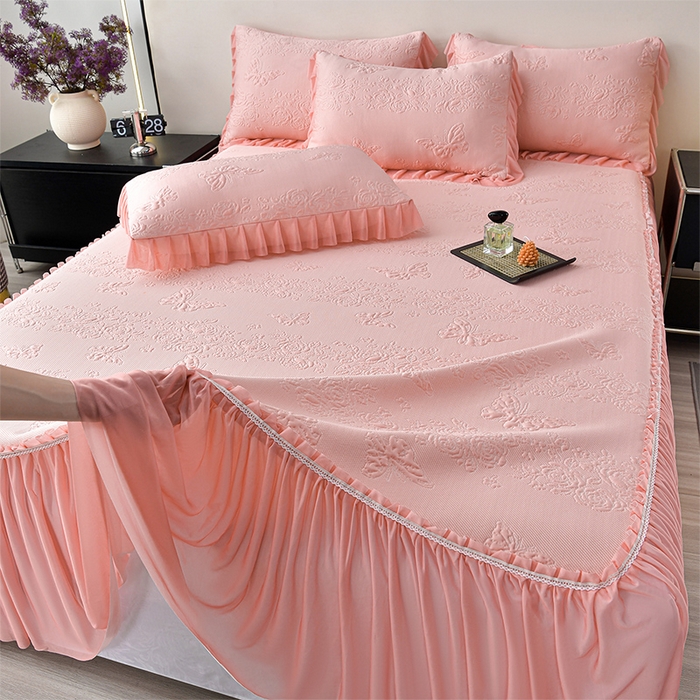 91家纺网 家纺一手货源 找家纺 星窝家纺 2026新款冰豆豆床裙款凉席 粉蝶寻香