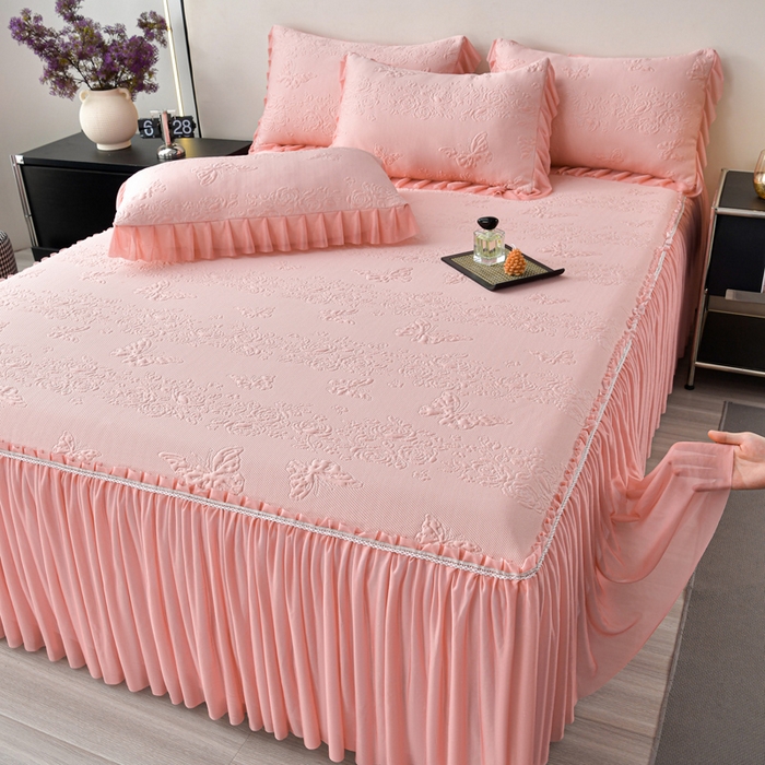 91家纺网 家纺一手货源 找家纺 星窝家纺 2026新款冰豆豆床裙款凉席 粉蝶寻香