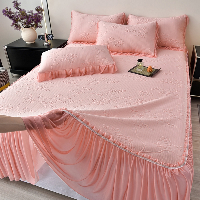 91家纺网 家纺一手货源 找家纺 星窝家纺 2026新款冰豆豆床裙款凉席 粉枝凝香