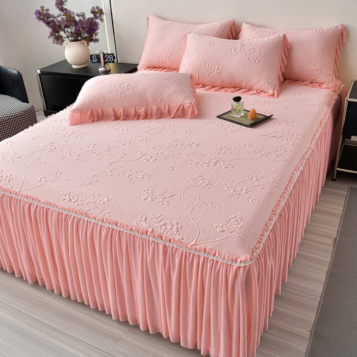 91家纺网 家纺一手货源 找家纺 星窝家纺 2026新款冰豆豆床裙款凉席 粉枝凝香