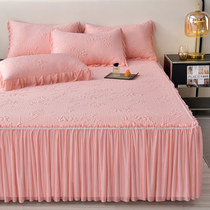 91家纺网 家纺一手货源 找家纺 星窝家纺 2026新款冰豆豆床裙款凉席 粉枝凝香