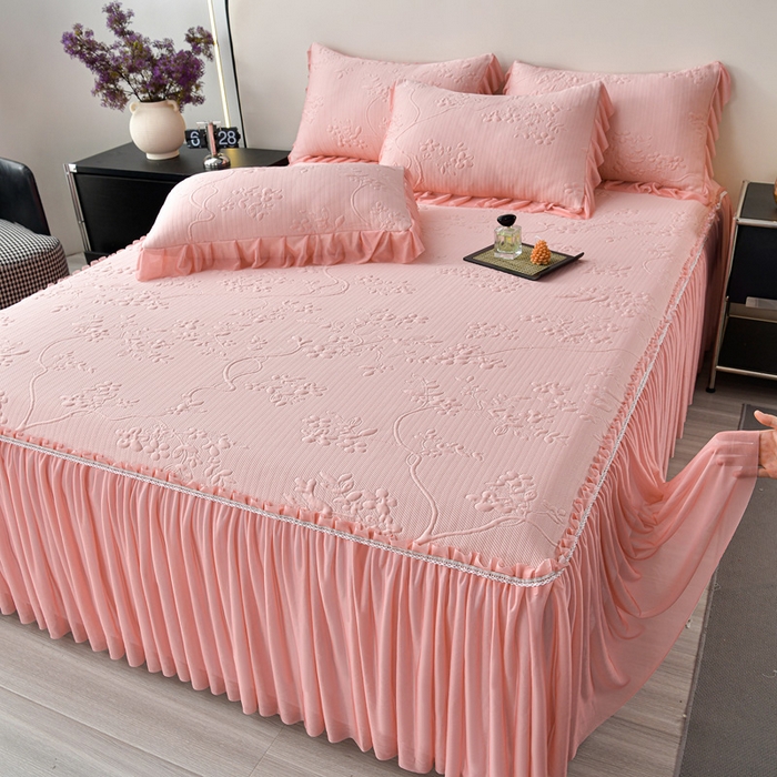 91家纺网 家纺一手货源 找家纺 星窝家纺 2026新款冰豆豆床裙款凉席 粉枝凝香