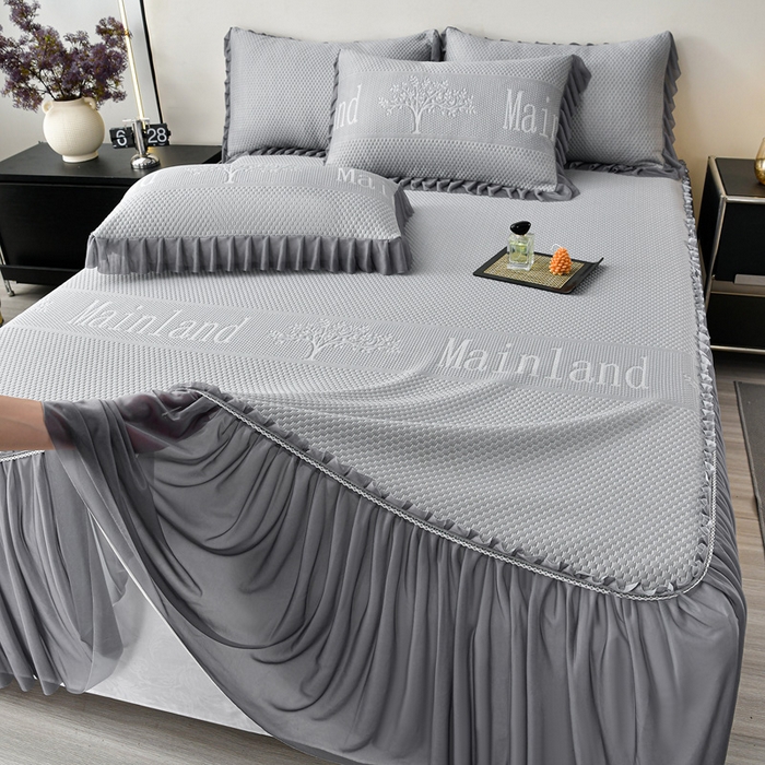 91家纺网 家纺一手货源 找家纺 星窝家纺 2026新款冰豆豆床裙款凉席 灰调树影