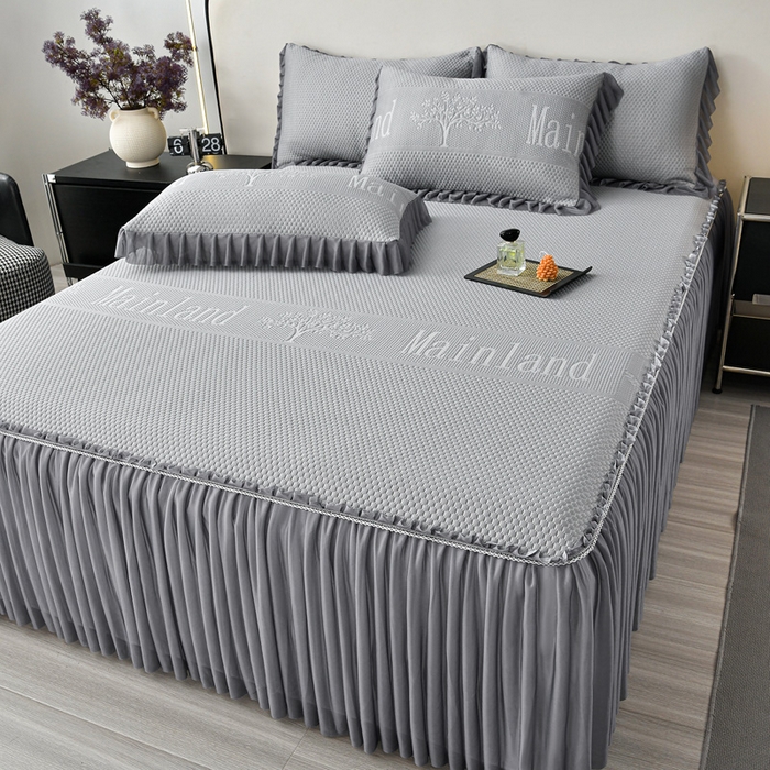 91家纺网 家纺一手货源 找家纺 星窝家纺 2026新款冰豆豆床裙款凉席 灰调树影